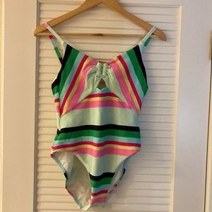 Trina Turk Deco Stripe High Leg One Piece Swimsuit, Size 8